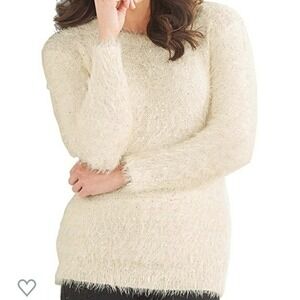 Red - Ivory Sparkle‎ Eyelash Knit Sweater Crew neck Longer Length Size Large
